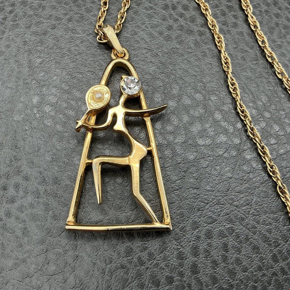 Vintage Medici Necklace Modernist Woman Figure Gold Tone Pendant Rhinestone