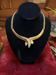 VTG CRAFT Gold Tone Collar Asymmetrical Rhinestone Pearl Choker Necklace