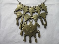 Tribal Choker BIB Style Turquoise glass stones Dangles Brass on Silver Necklace