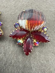 Vintage Red Rhinestone Clip On Earrings Gold Tone Iridescent