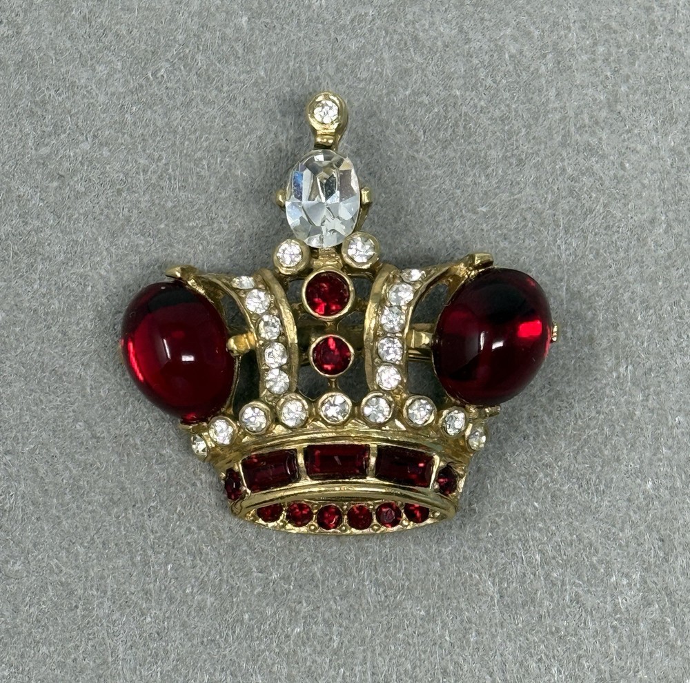Vintage Butler & Wilson Regal Crown Crystal Brooch, Ruby Red Cabochons, England