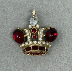 Vintage Butler & Wilson Regal Crown Crystal Brooch, Ruby Red Cabochons, England