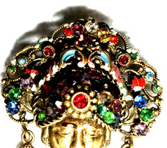 Antique Czech Art Deco Bohemian Glass Filigree Enamel Brooch Turban Sultan 1920s