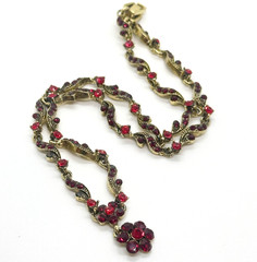 Vintage Rhinestone Necklace Red Crystal Gold Tone Flower Pendant JHS
