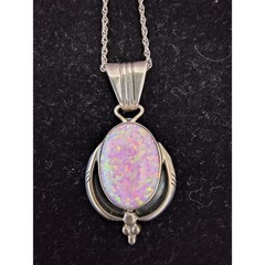 Running Bear Sterling Silver Pink Lab Opal Southwest Old Pendant Necklace 15″
