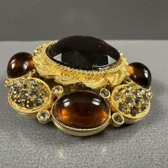 Vintage Brooch Pendant Brown Gold Tone Glass Rhinestone Statement Pin