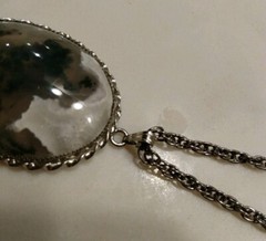 Vtg 1970s Oval Pendant Cabochon Necklace Grey Green Clear Agate? Large Groovy