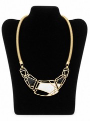 Vintage Gold Tone Geometric Statement Necklace Black White Enamel Snake Chain