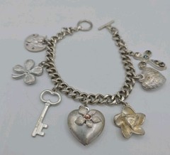 Vintage Silver Tone Chunky Charm Bracelet Heart Key Clover 8″ Cross Love Luck