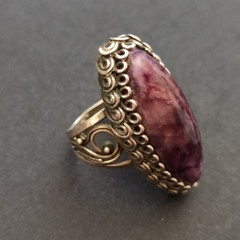 VTG Filigree Ring Large Marquise Amethyst Stone Boho Bohemian Cabochon Purple