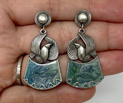 Vintage Edgar Berebi Blue Enamel Bird Dove Silver Tone Dangle Pierced Earrings