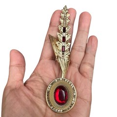 VTG Whiting Davis Feather Brooch Pin 5 Inch Red Glass Rhinestone Gold Plate Rare