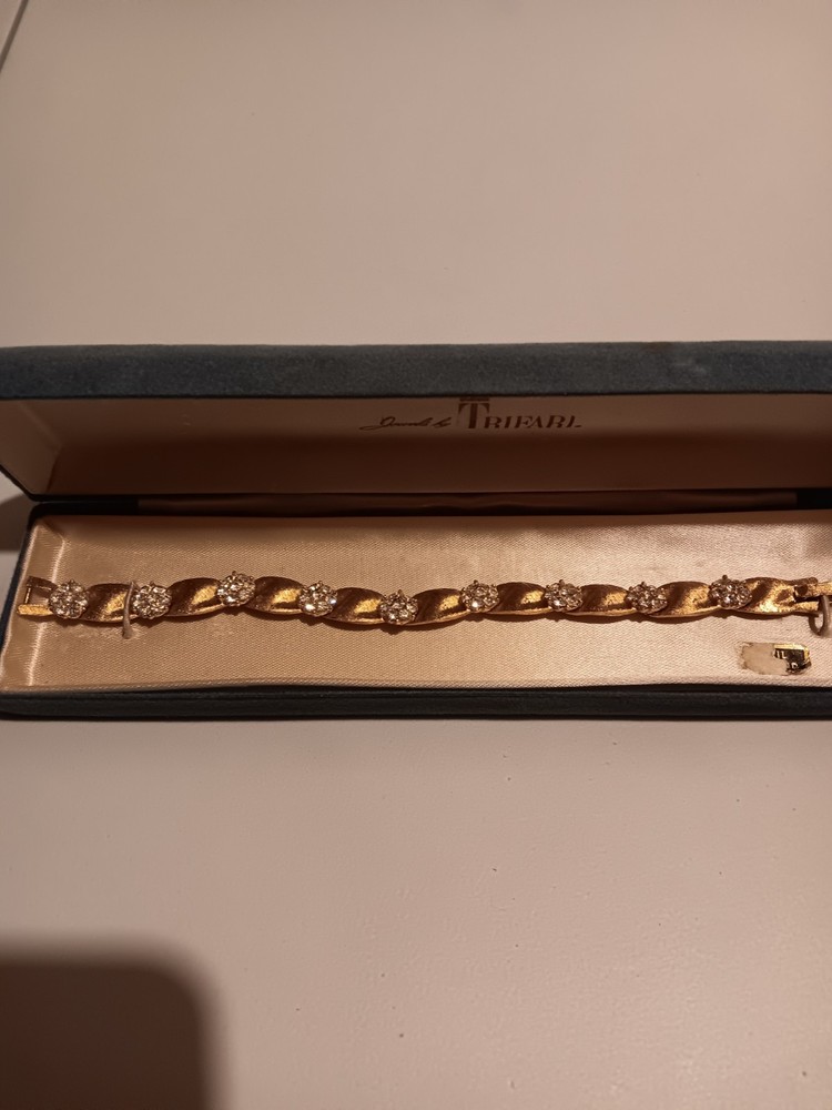 Vintage CROWN TRIFARI Birthday Ribbon Link Clear Rhinestone Bracelet-April!