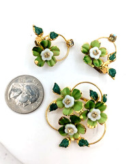 Vintage Brooch Earring Set Austrian Green Enamel Flowers Rhinestone Gold Tone