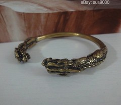 Solid Brass Double Ancient Dragons Figurine Statue Bangle 56MM