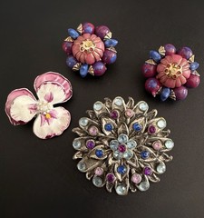 Costume Jewelry Lot 4pc Rhinestone Starburst Brooch Enamel Pansy Hong Kong VTG