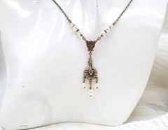Victorian Pearl Necklace: Antique Brass Romantic Floral Handmade Vintage Jewelry