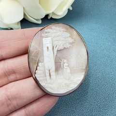 Antique VICTORIAN Carved Scenic Rebecca At The Well Shell CAMEO Brass Brooch Pin