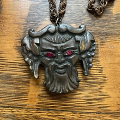 Vintage 1960’s Pendant Purple Jewel Eyes Dionysius Pewter Chain Necklace Bacchus