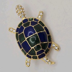 Vintage Turtle Brooch Pin Blue Green Enamel Gold Tone Clear Rhinestones