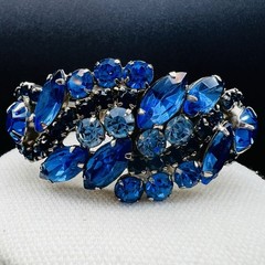 Vintage Blue Navette Rhinestone Hinged Bangle Bracelet SilverTone Statement Glam