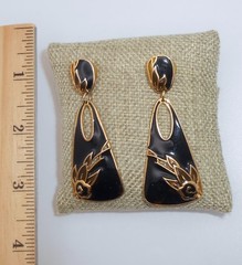 Vintage EDGAR BEREBI Signed Black Enamel Dangle Drop Pierced Post Earrings E50