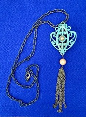 Vintage Patina Metal Filigree Medallion Tassel Necklace Art Nouveau 28″