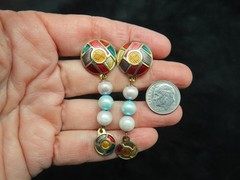 Vintage Edgar Berebi Gold Tone Enamel Faux Pearl Dangle Pierced Earrings
