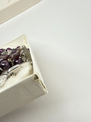 Vtg Crown Trifari purple Lucite AB Beads Demi Parure Set Silver W/ Box