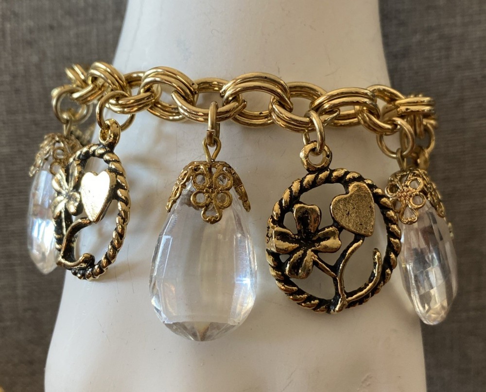 Vintage Gold Tone Good Luck Charm Bracelet Heart Four Leaf Clover Wishbone