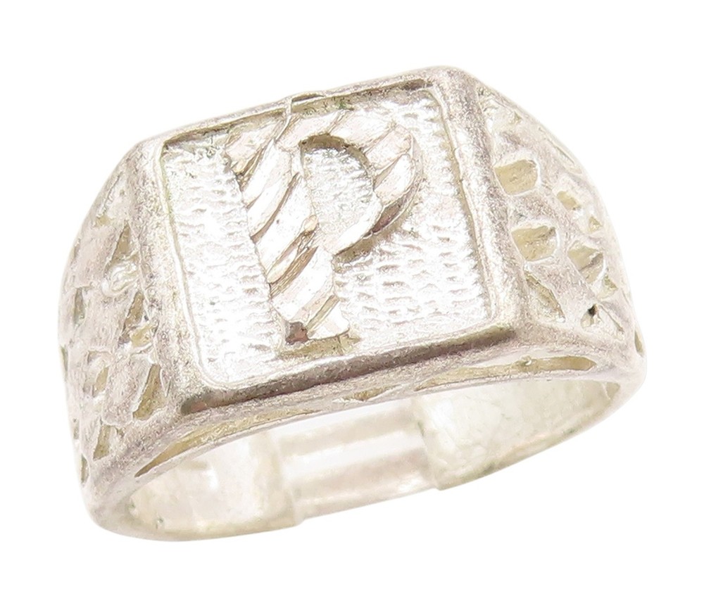 925 Sterling Silver Vintage Ring Etched Initial P Monogram Signet Sz 9 RG34902