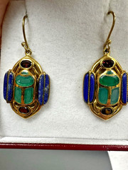 Egyptian Revival Scarab Beetle Set Vintage Jewelry Lapis, Garnets. Stamped BBJ