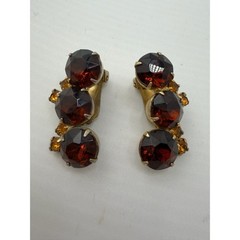 Vintage Amber Topaz Rhinestone Teardrop Cluster Clip On Earrings