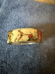 Vintage 1980’s Enamel Hinged Cuff Bracelet Floral And Birds