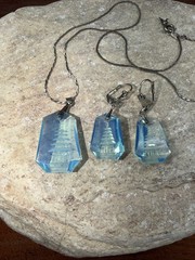 Opaline Blue Glass Japanese Pagoda Necklace & Earrings Set reverse carved