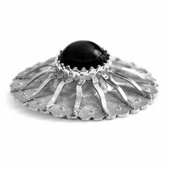 Vintage Sarah Coventry Black Cabochon Silver Tone Sunburst Brooch Pin Signed