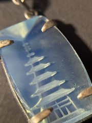 Vintage Japan Silver Pagoda Reverse Carved Opaline Glass Necklace