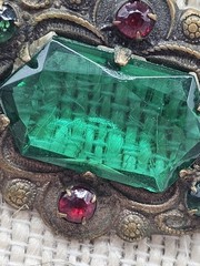 Antique Bohemian Edwardian Art Nouveau Brooch Green Glass Bronze Prong Set Pin