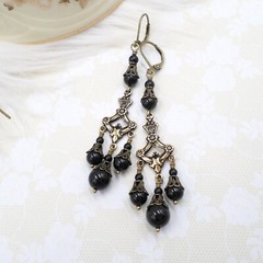 Victorian Mourning Earrings Jet Black Glass Bead Chandelier Filigree Handmade