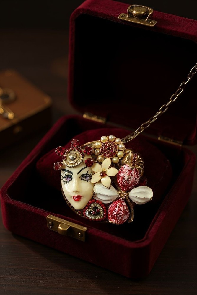STYLIZED FEMALE FACE ORNATE BROOCH PENDANT NECKLACE