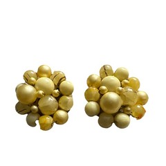 Vintage Signed Japan yellow and Cream Beaded Hand made Clip on Womens Earrings