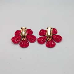 VTG Bright Red-Gold Metal Enamel Flower Power Brooch & Clip On Earring Set