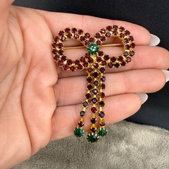 Vintage Rhinestone Bow Brooch Gold Tone Red Green Christmas