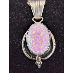 Running Bear Sterling Silver Pink Lab Opal Southwest Old Pendant Necklace 15″
