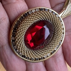 VTG Whiting Davis Feather Brooch Pin 5 Inch Red Glass Rhinestone Gold Plate Rare