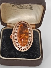 Vintage 1990-s 14 Ct Rolled Gold Amber Ring Size UK P 1/2 US 7 3/4 Hallmarked