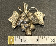 Signed MJ Silver Plated Grape Cluster Fruit Pendant VTG Brooch Modernist Jewelry