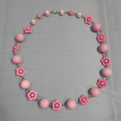 Vintage Handmade Women’s Necklace Pink Cotton Candy Natural Stones, Faux Pearls