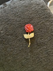Vintage Estate Goldtone & Red Rose Stem Design Brooch with a face on the back