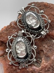 Vintage Whiting & Davis Silver Hematite Cameo Clip EARRINGS Filigree Signed
